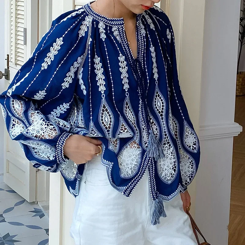 Boho Embroidered Design Blue Blouse Crochet Floral Long Sleeve Shirt French Style Autumn Woman Clothing Vacation Tops