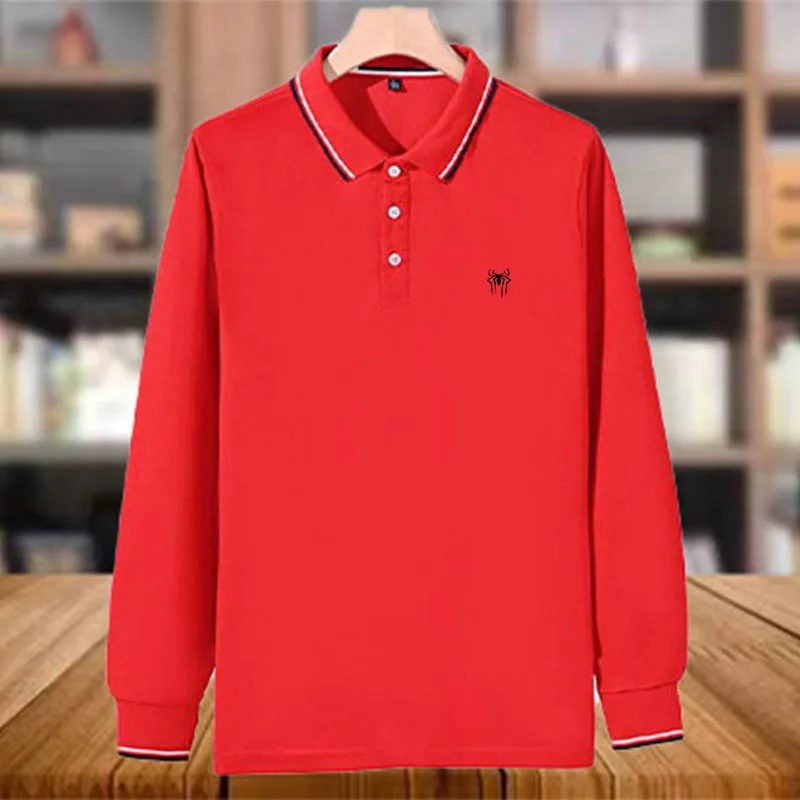 High end brand men\'s exquisite printed long sleeved solid color polo shirt Spring and Autumn business casual comfortable T-shirt