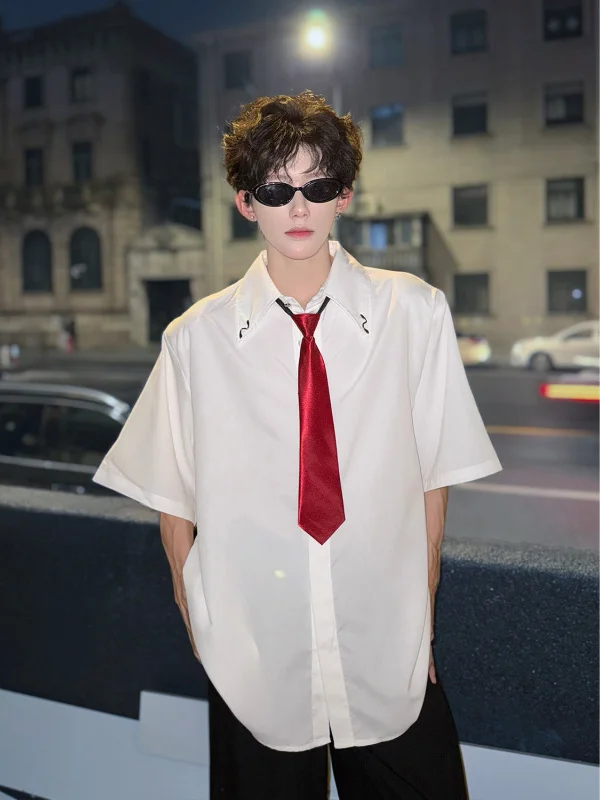 

Summer Men's White ort Sve irt oulder Pads American Sle Dapper Design Casual irt Outerwear Loose Fit Youth Faion