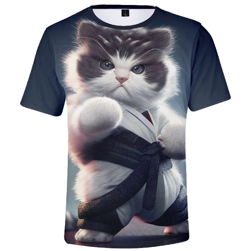 Kung Fu Cat Pattern T Shirt For Men Tiger Wolf 3D Printed Tees Casual Streetwear Short Sleeve Round Neck Tops Oversized T-Shirts