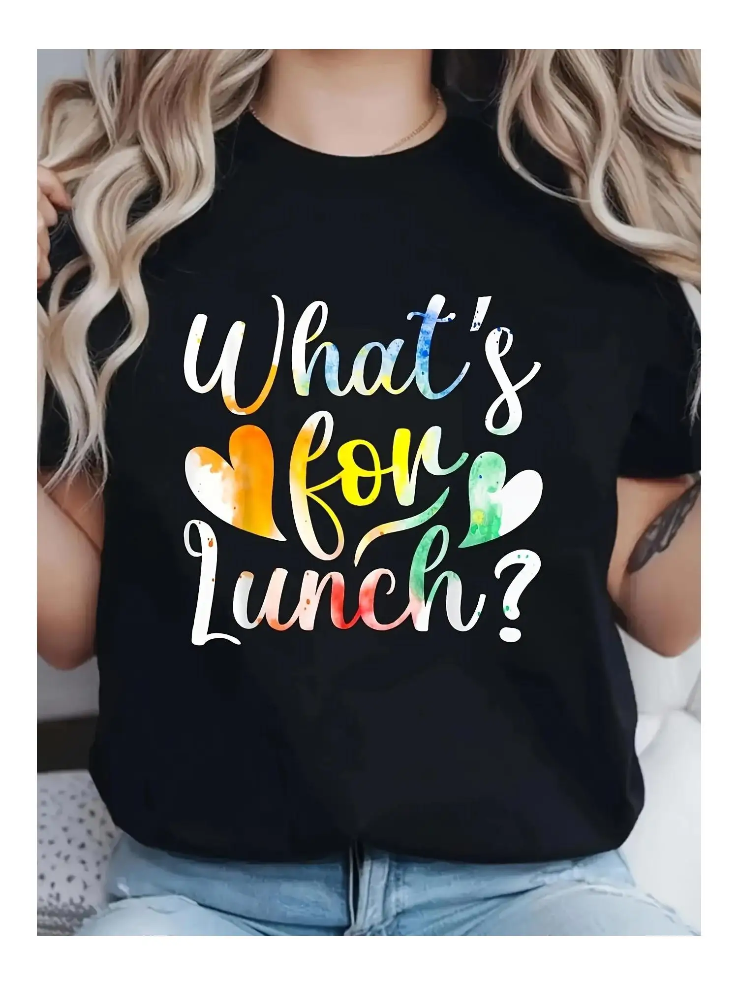 

«Что за обед» Футболка с графическим рисунком, высокоэластичная повседневная футболка с цветным сердечком, круглым вырезом и короткими рукавами на весну и лето