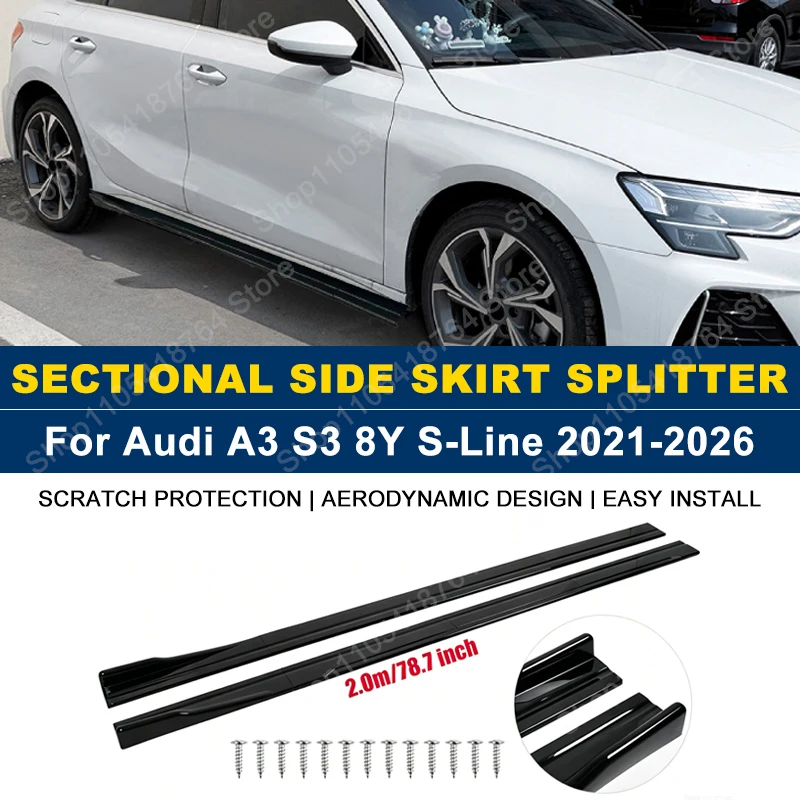 Side Skirts Extension Rocker Panel Splitter For Audi A3 S3 8Y S-Line 2021-2026 2M 78.7" ABS Plastic Car Exterior Tuning