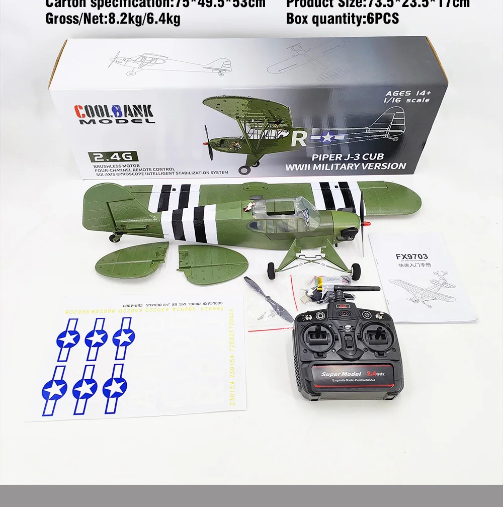 Factory HOSHI FX-9703 RC Helicopter J3 1/16 Scale Remote Control Aircraft Model J3 Brushless 4CH 6-Axis Stabilized 3D Fixed Wing
