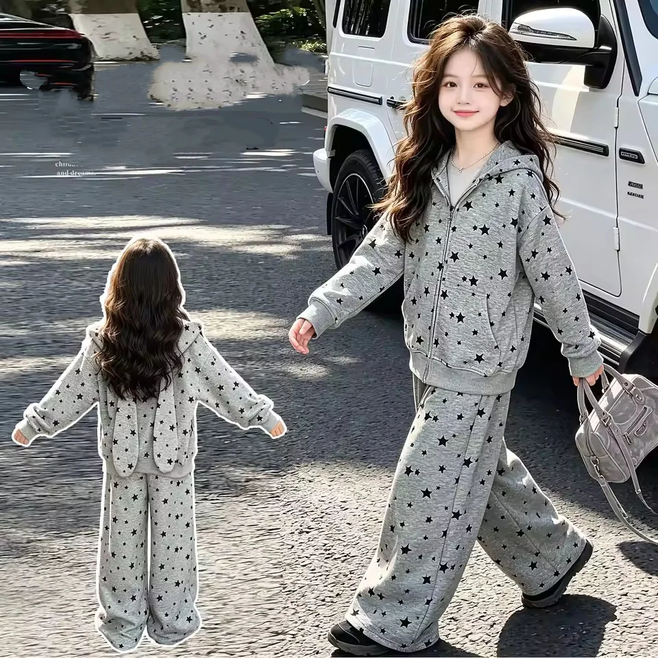 Teenager Girls Sport Suit Hooded Knitted Jacket Wide Leg Pants 2pcs Autumn Childrens kids Autumn Sportswear Clothes Suit Outfits