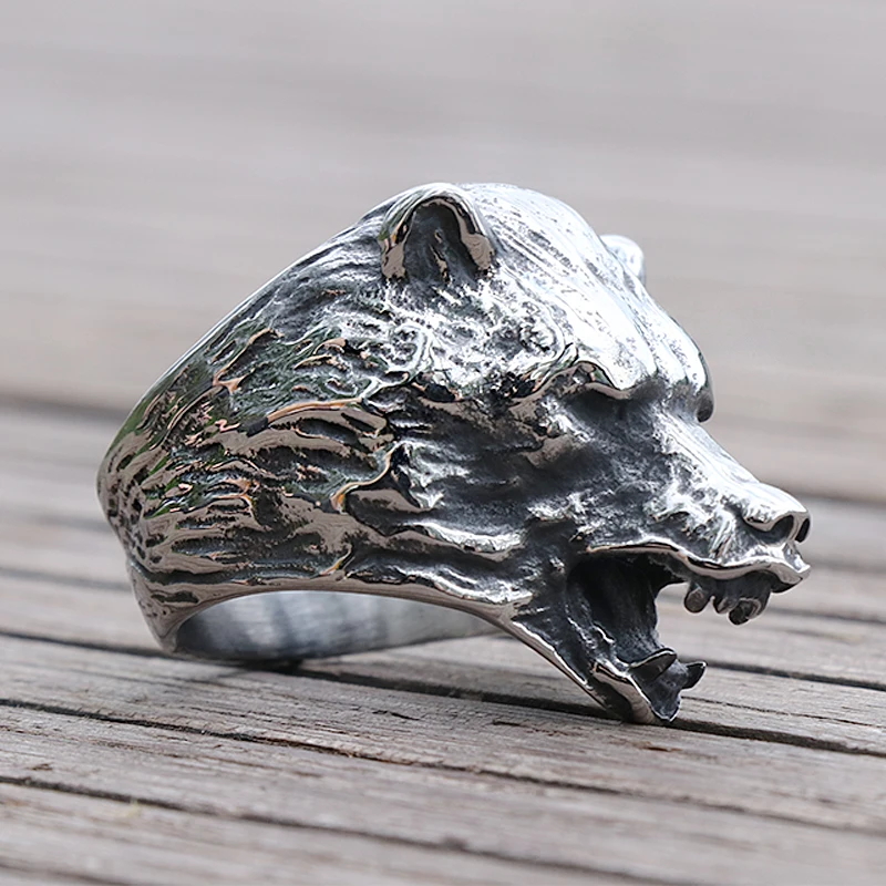 Cool Viking Bear Head Ring Men\'s Slavic Bear Berserk Stainless Steel Biker Rings Male Punk Animal Ring Nordic Amulet Jewelry