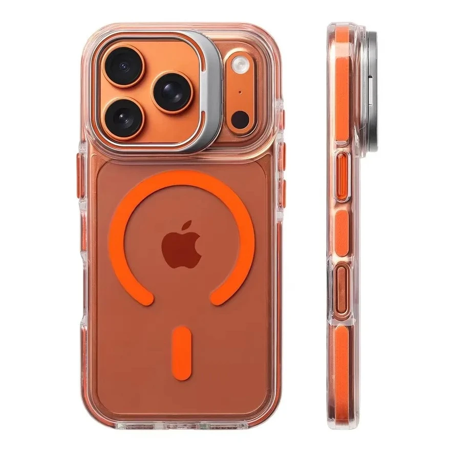 Capa Transparente Magnética Antichoque com Suporte para Câmera para iPhone 17 Pro Max, 17 Air, 16, 15, 14, 13, 12 (Compatível com MagSafe)
