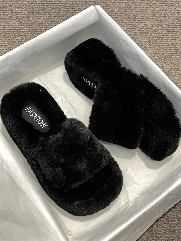 One word slipper women's autumn and winter new style fashionable outerwear with high-end feel hairy