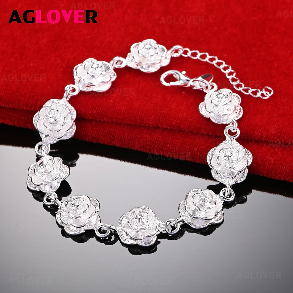 

AGLOVER 925 Sterling Silver Rose Chain Bracelet Fashion Elegant Women Party Jewelry