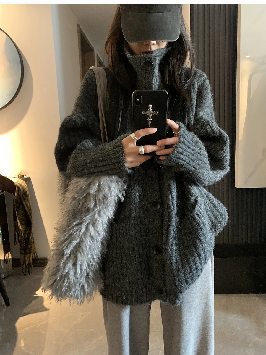 Korean Style High Collar Oversized Long Cardigan Sweater Women's Autumn Winter Outerwear Lazy Style Soft Knitted Coat