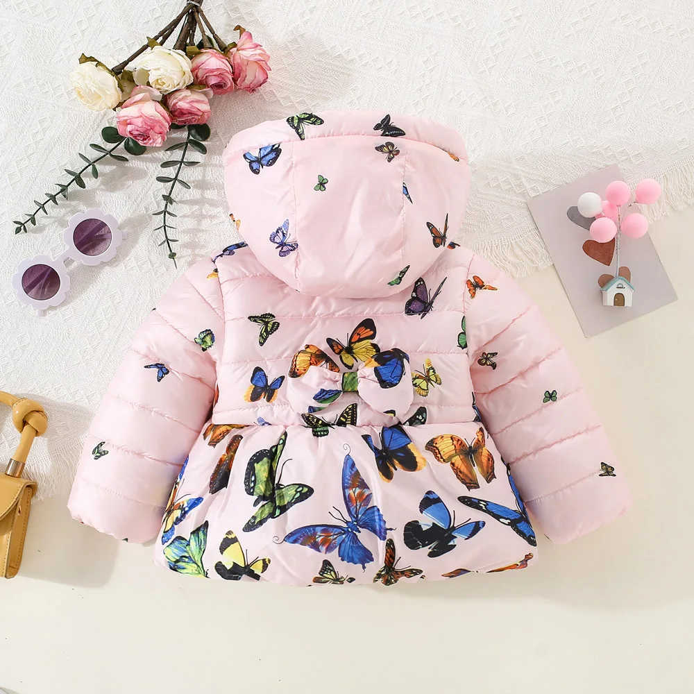 Girls\' Winter Cotton Jacket Thickened Warm Jacket Butterfly Printed Baby Winter Clothing, Hooded Baby\'S Thick Jacket 0-3 Years