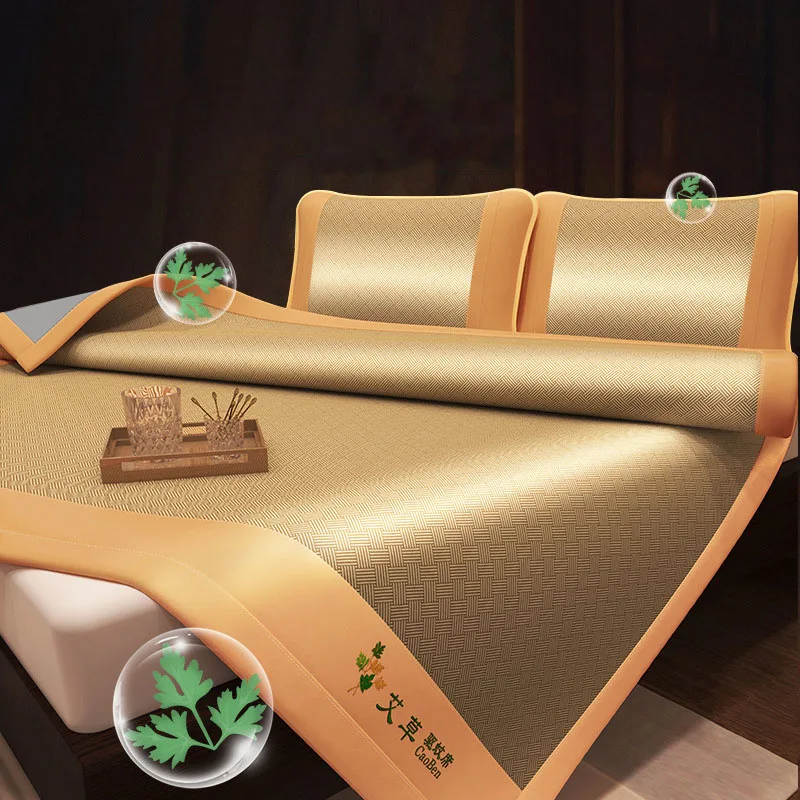 2/3Pcs Soft Solid Summer Rattan Mat Set Foldable Breathable Sleeping Pad with Pillowcase Non-Slip Home Decor with Elastic Band