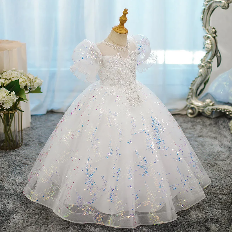 Vestido de baile personalizado para bebês, vestidos de flores para meninas, apliques, mangas bufantes, princesa, baile, festa de aniversário