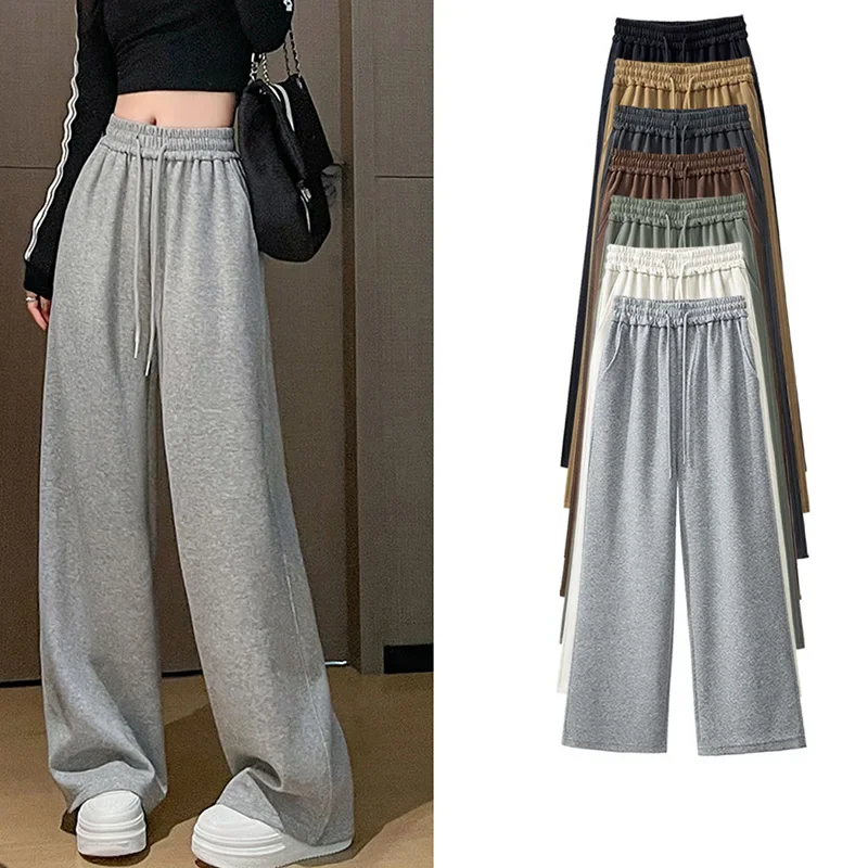 Novo outono feminino casual cintura alta calças compridas senhora estilo coreano sólido algodão elástico perna larga reta streetwear
