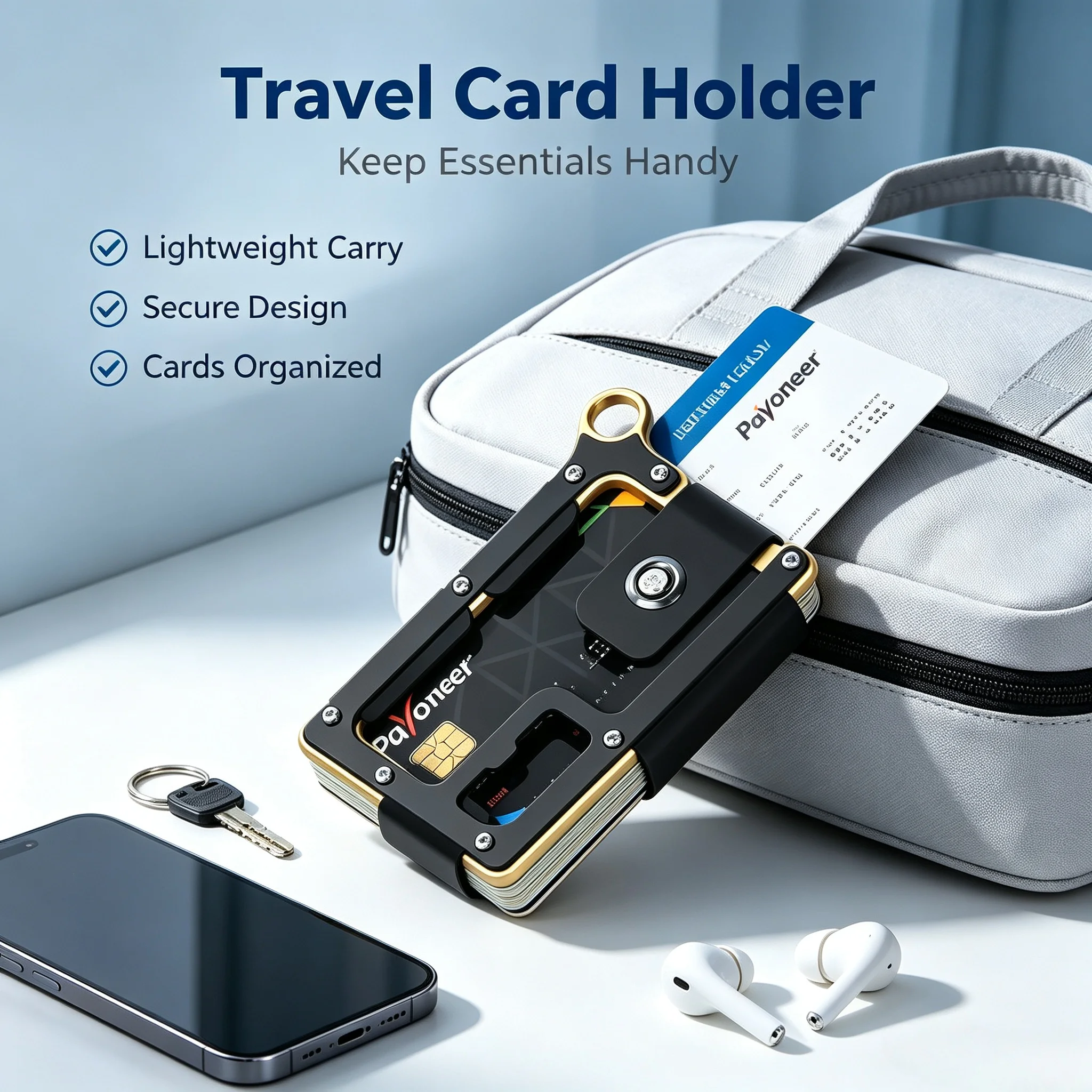 Taktischer Aluminium-Kartenhalter Geldbörse RFID-Blockierung Minimalistisches Kreditkartenetui mit Geldklammer und Schlüsselring Schlanker Taschenkartenhalter – Detail 1