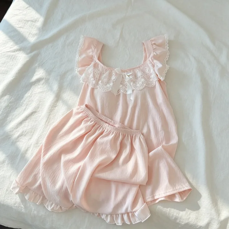 Women Sweet Cute 2 Pieces Pajama Set Summer Lace Trim Bow Sleepwear Camisole With Chest Pad Casual Daily Loungewear Homewear