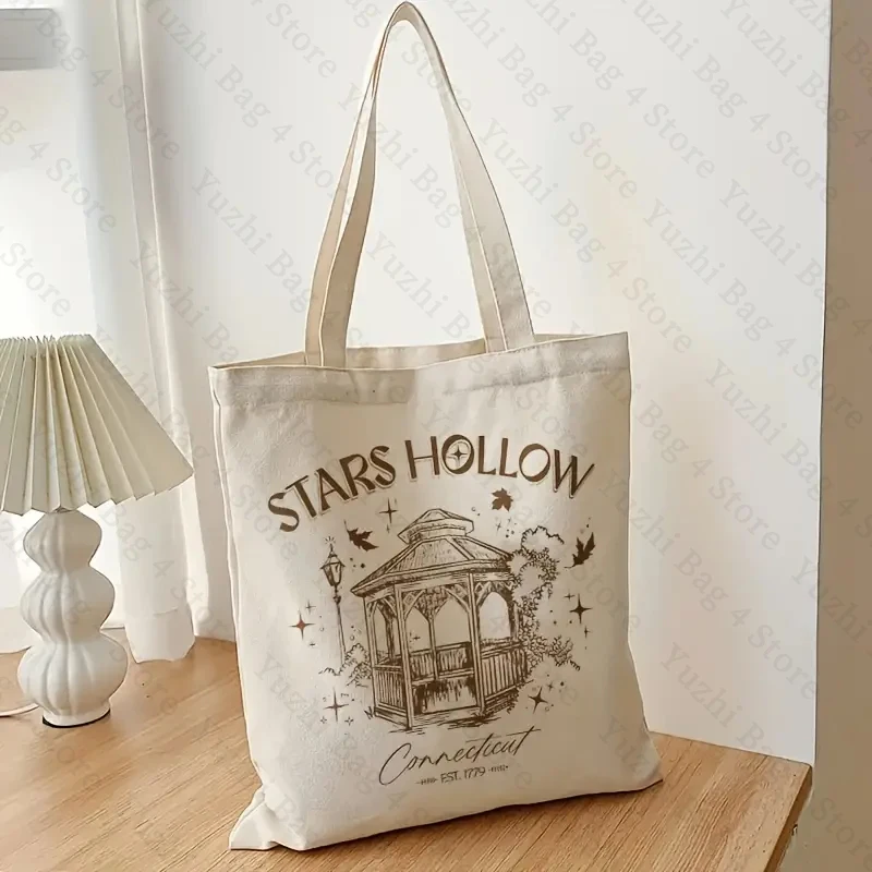 Stars Hollow Pattern Canvas Shopping Bag Portable Shoulder Bag for TV Drama Lover Trendy Large Capacity Tote Bag Trend