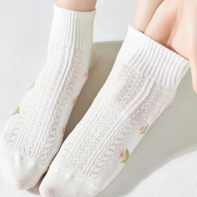 5 pares de calcetines de mujer, calcetines finos de verano con absorción de sudor, estilo universitario, tulipán, calcetines de algodón dulces y encantadores, regalo de ocio para mujer