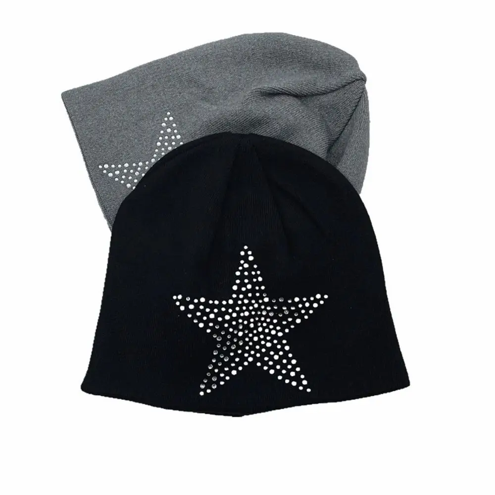 Casual Rhinestone Star Print Women Beanie Hat Warm Windproof Skating Camping Hiking Cap Gothic Punk Hats Autumn Winter
