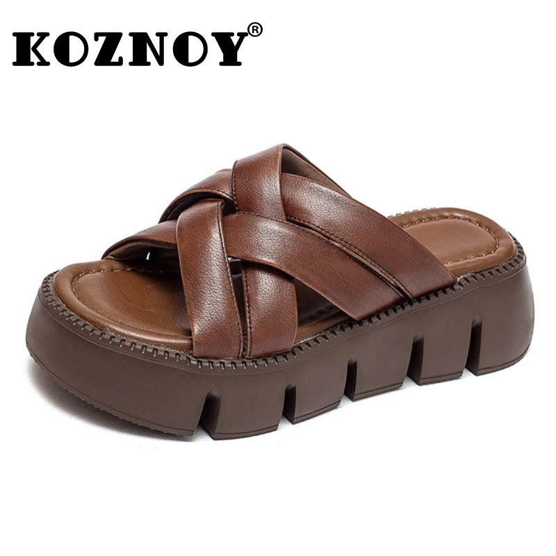 

Koznoy 4.5cm Cow Weave Genuine Leather Loafer Rubber Flats Platform Wedge Sandals Summer Cozy Comfy Contoured Slippers Shoes