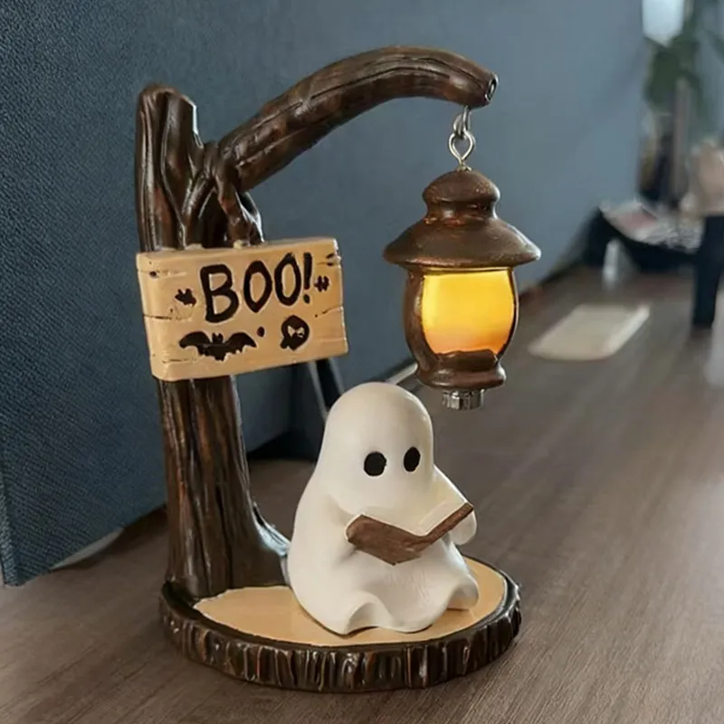 Halloween Creative Night Light Reading Ghost Ornament Cute Ghost Reading Lamp Room Decoration Resin Crafts