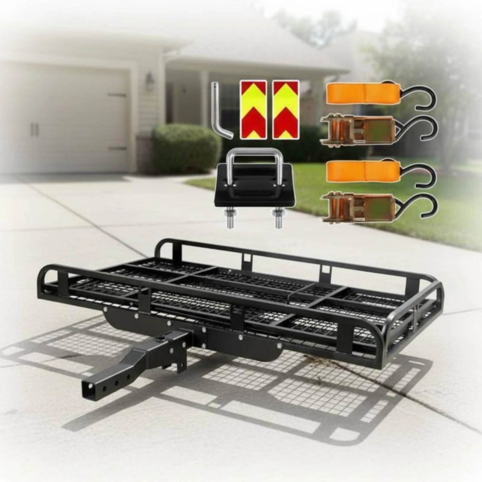Ramp-Design Cargo Carrier Raised Side Rails Vehicle Hitch Cargo Carrier Vehicle Hitch Mounted Rack Reflectors