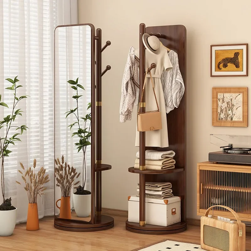 Solid Wood Full Body Floor Mirror Movable Rotating Full Length Mirror with Coat Rack Integrated Household Standing Mirror