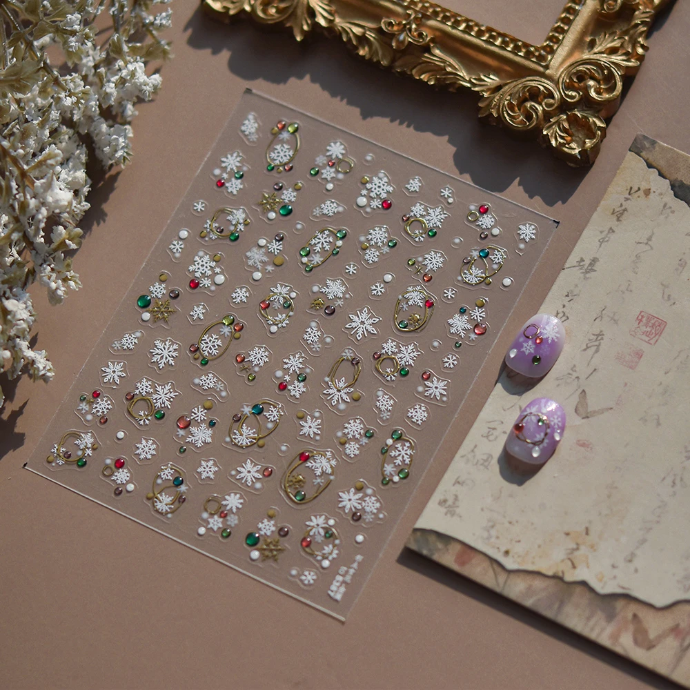 1pcs 5D Chic Dot Snowflakes Nail Art Sticker Bronzing Silver Gold Sparkle Circle Snowflakes Decals for Christmas Nail Decoration