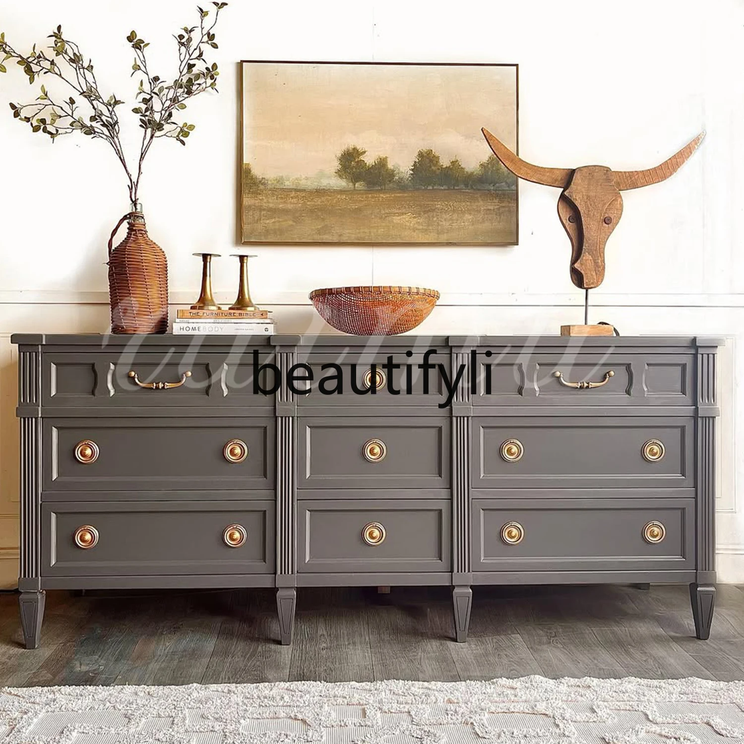 

French medieval solid wood chest, master bedroom large capacity American living room storage TV cabinet