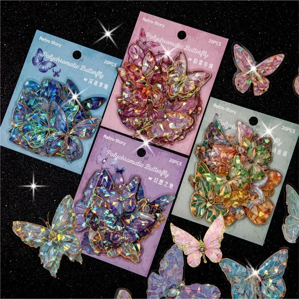 2025 20pcs Crystal Laser Butterfly Waterproof PET Stickers Scrapbooking DIY Decorative Journaling Craft Stationary Supplies