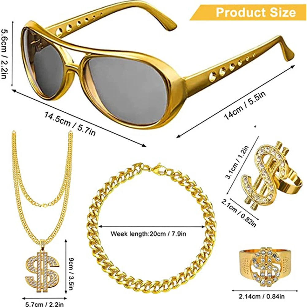 80s 90s Costume Outfit Set Dollar Ring Hat Necklace Sunglasses Hip Hop Costume Kit Rapper Accessories for Men Women Retro Party