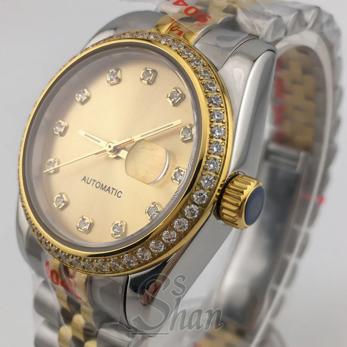 31mm Luxury Women's NH05 Automatic Mechanical Watch Two-Tone Gold Bracelet Diamond Bezel Sapphire Glass Gold Dial Diamond Indice view 3