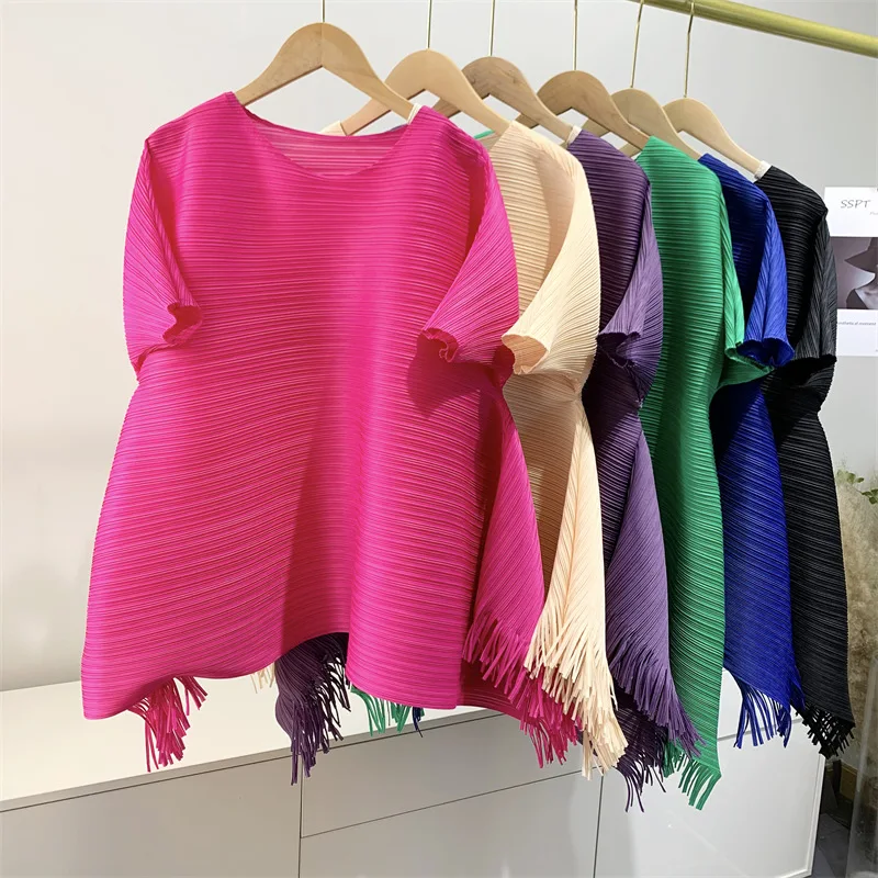 

Summer Top Women's Pleated Tassel T-shirt Women Short Sleeve Leated Tees