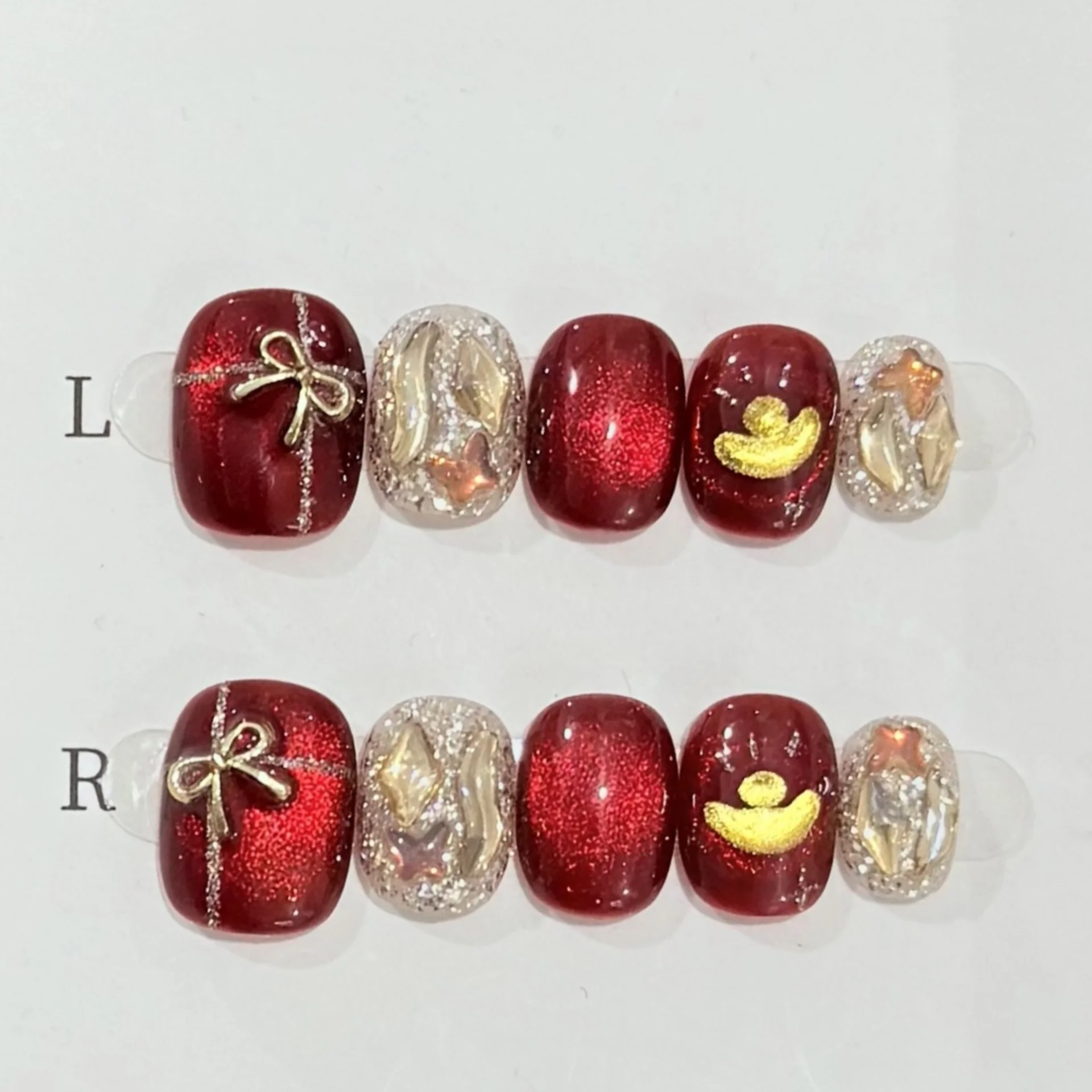 

10 шт., красные накладные ногти ручной работы «кошачий глаз», съемные новогодние короткие квадратные круглые накладные ногти с бантом и бриллиантами, дизайн, накладные ногти