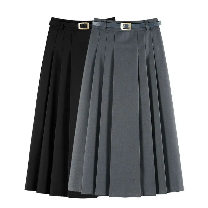 Gray Suit Style High Waist Casual Leisure Women's Skirt A-Line Midi Skirt Pleated Asymmetrical  Style Spring Autumn