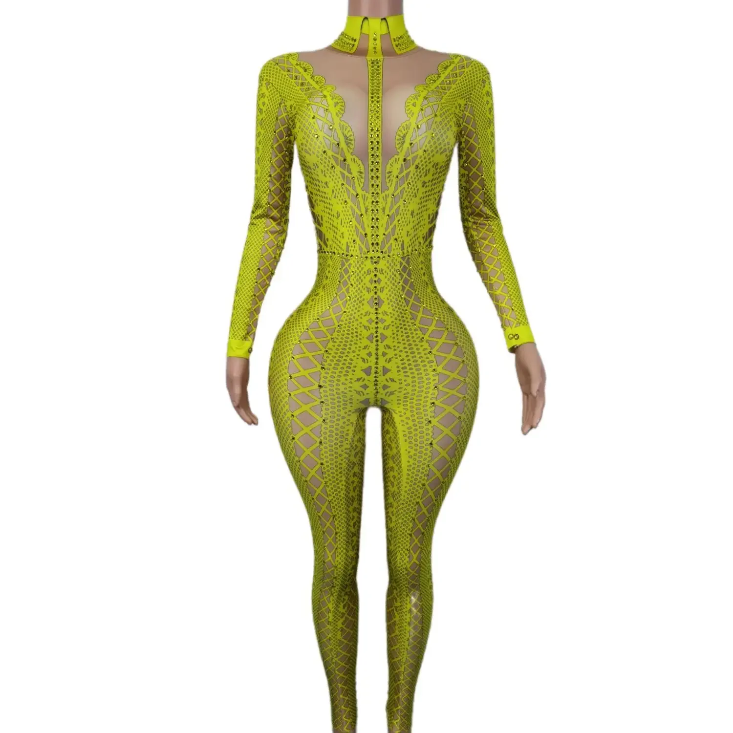 Lianti Woman Sparkly Rhinestones Spandex Printing Tight Fitting Jumpsuit Elastic Long Sleeve Party Evening Costume Stage Wear