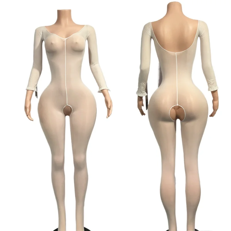 Kliou Sexy See Through Jumpsuits Woman O-Neck Full Sleeve Skinny Peach Buttocks Hot Girls Midnight Fashion Club Party Overalls