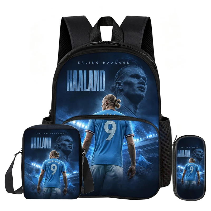 3Pcs set with Front Pocket Backpack Haaland Learn, Travel Football Star Shoulder Bags, Pencil Bag, Sport School Bags