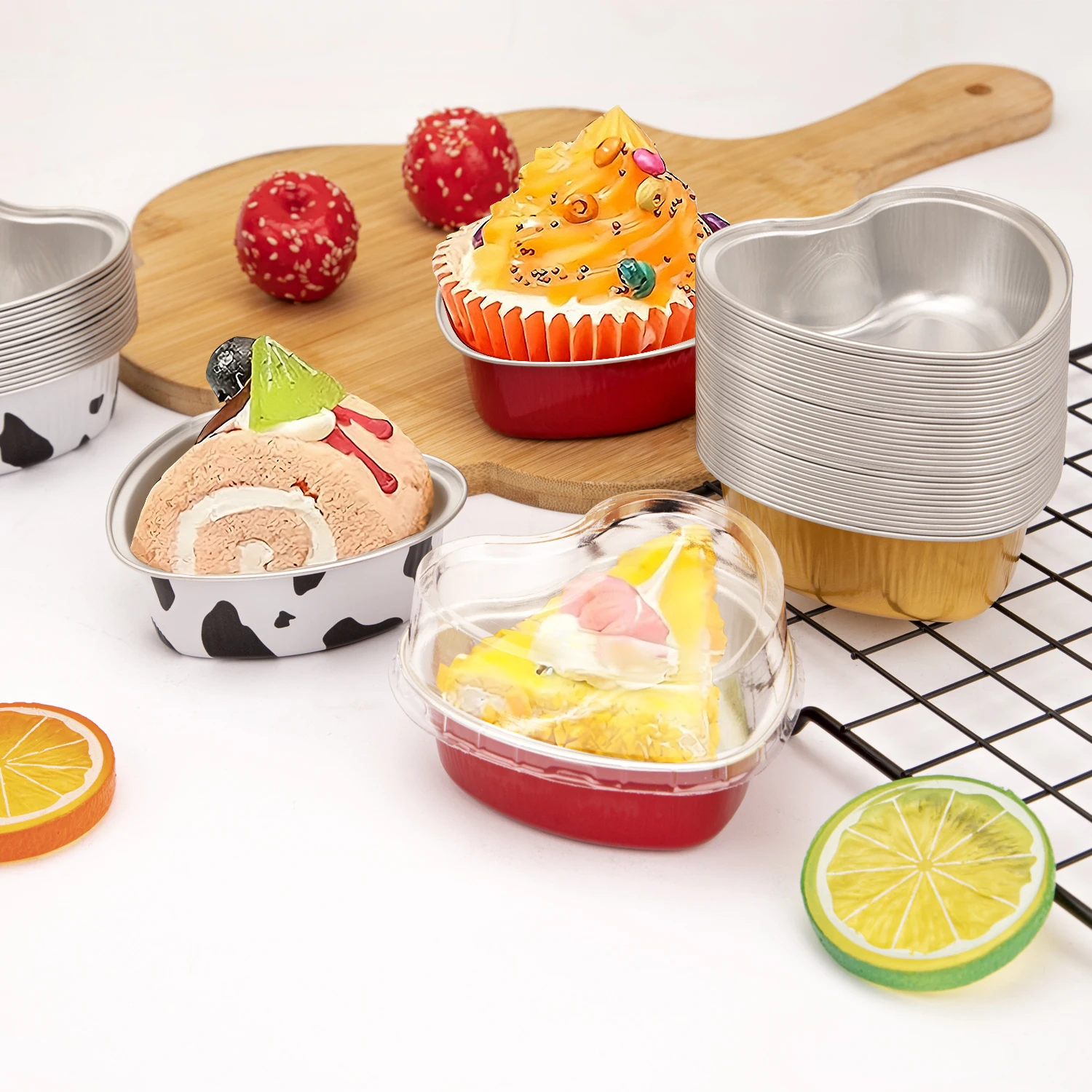 

50pc baking cup heart-shaped aluminum foil disposable cake mold with plastic cover aluminum foil pudding mold