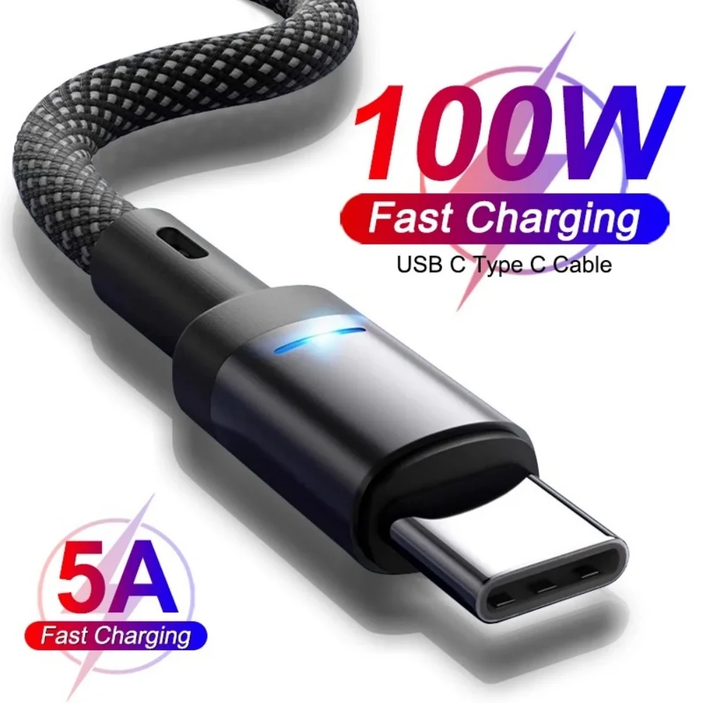 100W Type C Fast Charging Nylon Braided Cable 1M 1.5M 2M High Speed Data Sync Durable Charging Wire for Samsung Xiaomi Huawei