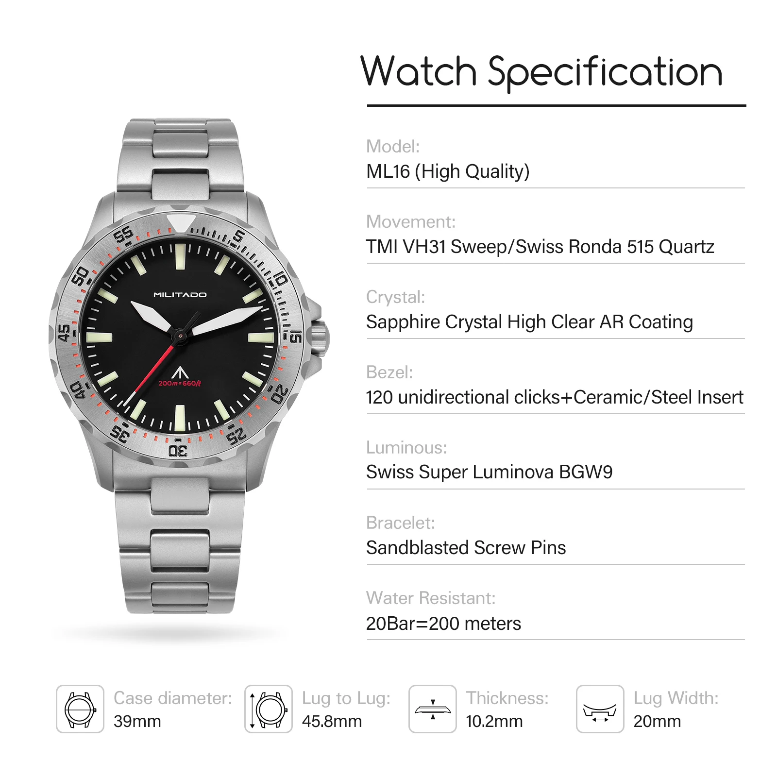 Militado جديد ML16 39 مللي متر ساعة غوص الياقوت الكريستال 200 متر مقاومة للماء السويسري مضيئة السيراميك الحافة كوارتز ساعة اليد للرجال