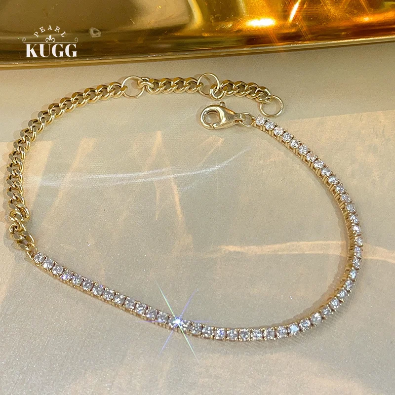 KUGG 100% 18K Yellow Gold Bracelet Fashion Cuban Chain Luxury 1.0carat Real Natural Diamond Bracelet for Women Fine Jewelry