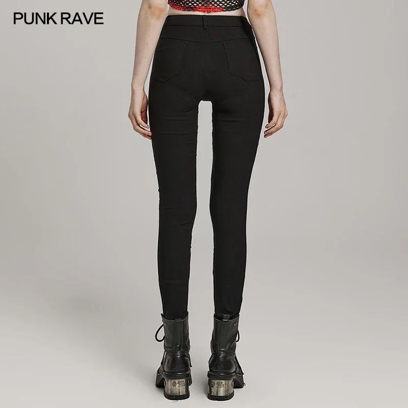 PUNK RAVE Women\'s Punk Irregular Corns Burnt Pattern Hollow  Trousers Personalized Slim Sexy Black Pants Women Clothing