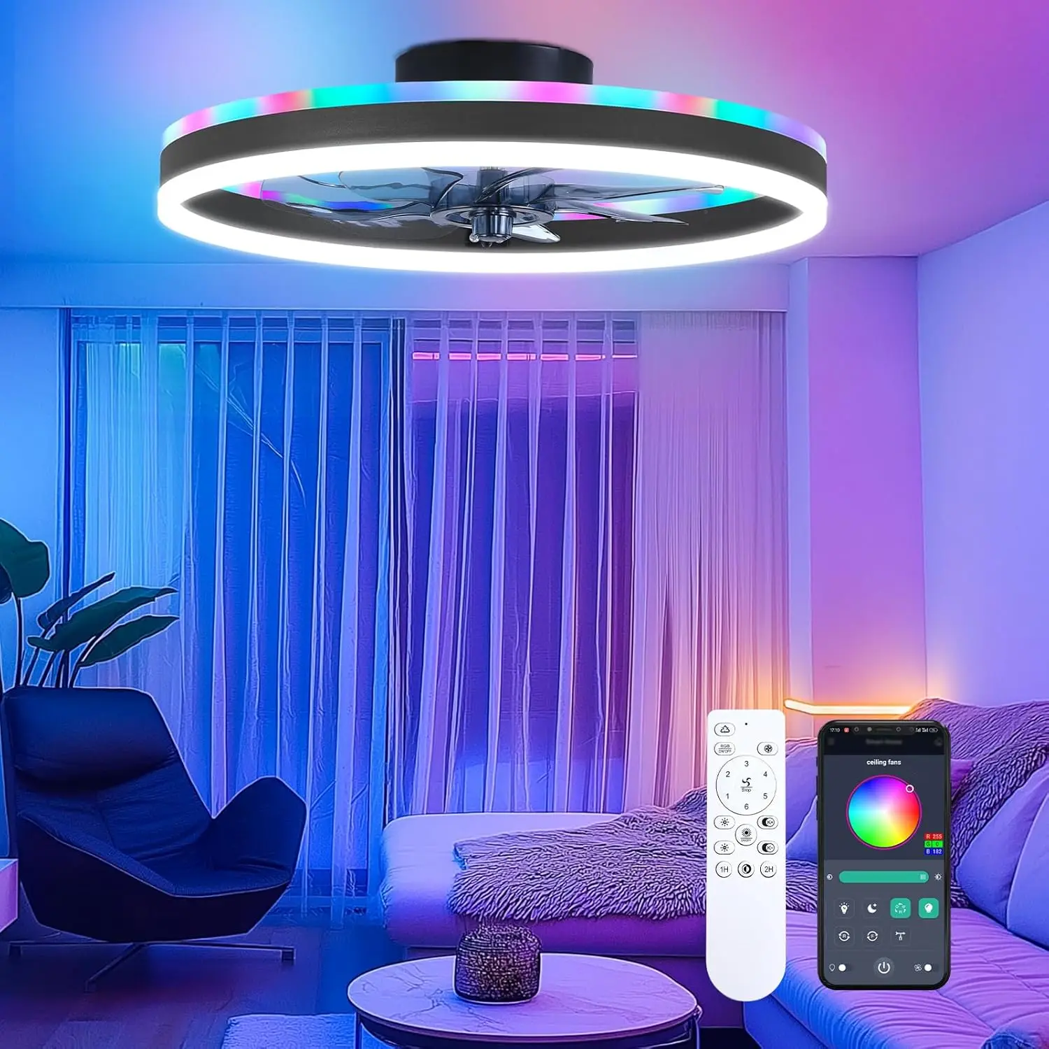 

20-дюймовый потолочный вентилятор RGB с подсветкой, управлением через пульт/приложение, современный, для спальни (черный)