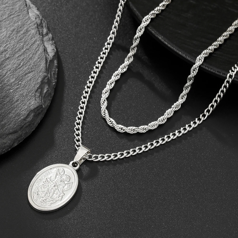 

Saint Michael Double Layer Pendant Necklace for Men Stainless Steel Archangel Catholic Religious Boys Gift Jewelry