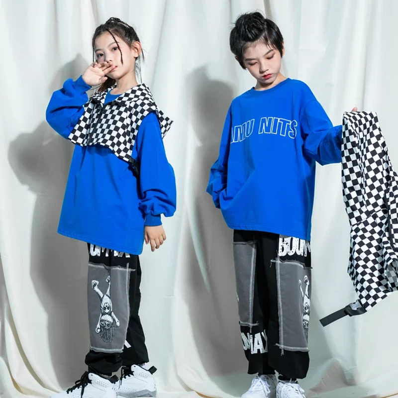 Girl Boy Jazz Dance Costume Clothes Kids Teenage Street Wear Hip Hop Clothing Blue Sweatshirt Hoodie Vest Tops Joggers Pants For