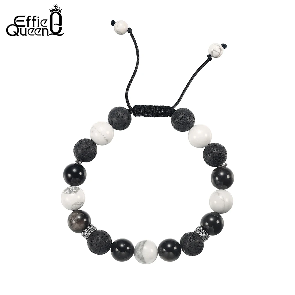EFFIE QUEEN S925 Silver Dainty Natural Stone Black Obsidian Bead Bracelet with Volcanic Fashion Healing Banquet Jewelry GMB81
