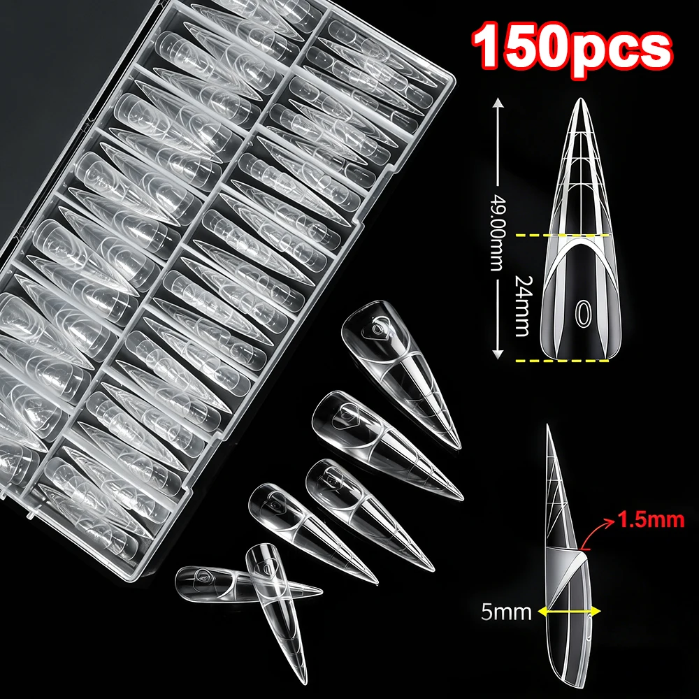 150Pcs Stiletto Space French Nail Mold with Stair Line for French Design Nail Clear Reusable Nail Art UV Gel Extension Mold Tips