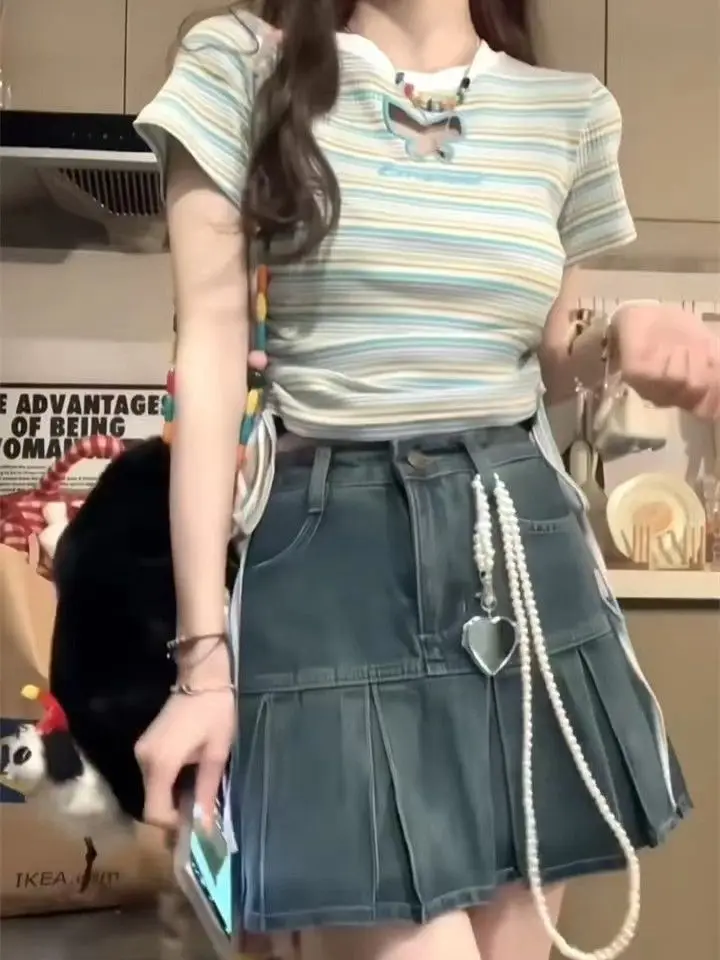 

Striped Drawstring O-neck T-shirt Women High-waisted Jeans Pleated Skirt Summer Screw Thread Chic Slimming Sweet Two Pieces Set