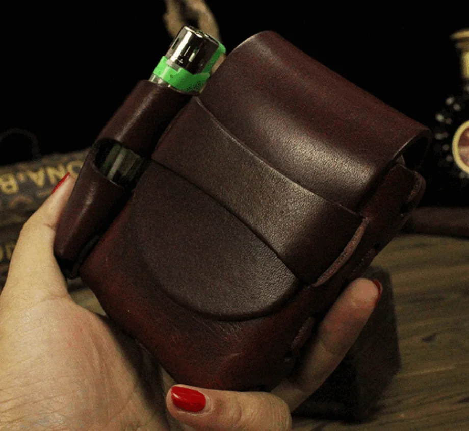 Big Size Vintage Handmade Cowhide Genuine Leather Cigarette Case Bag Men Belt Supplies Cigarette Box Lighter Holder LFB403