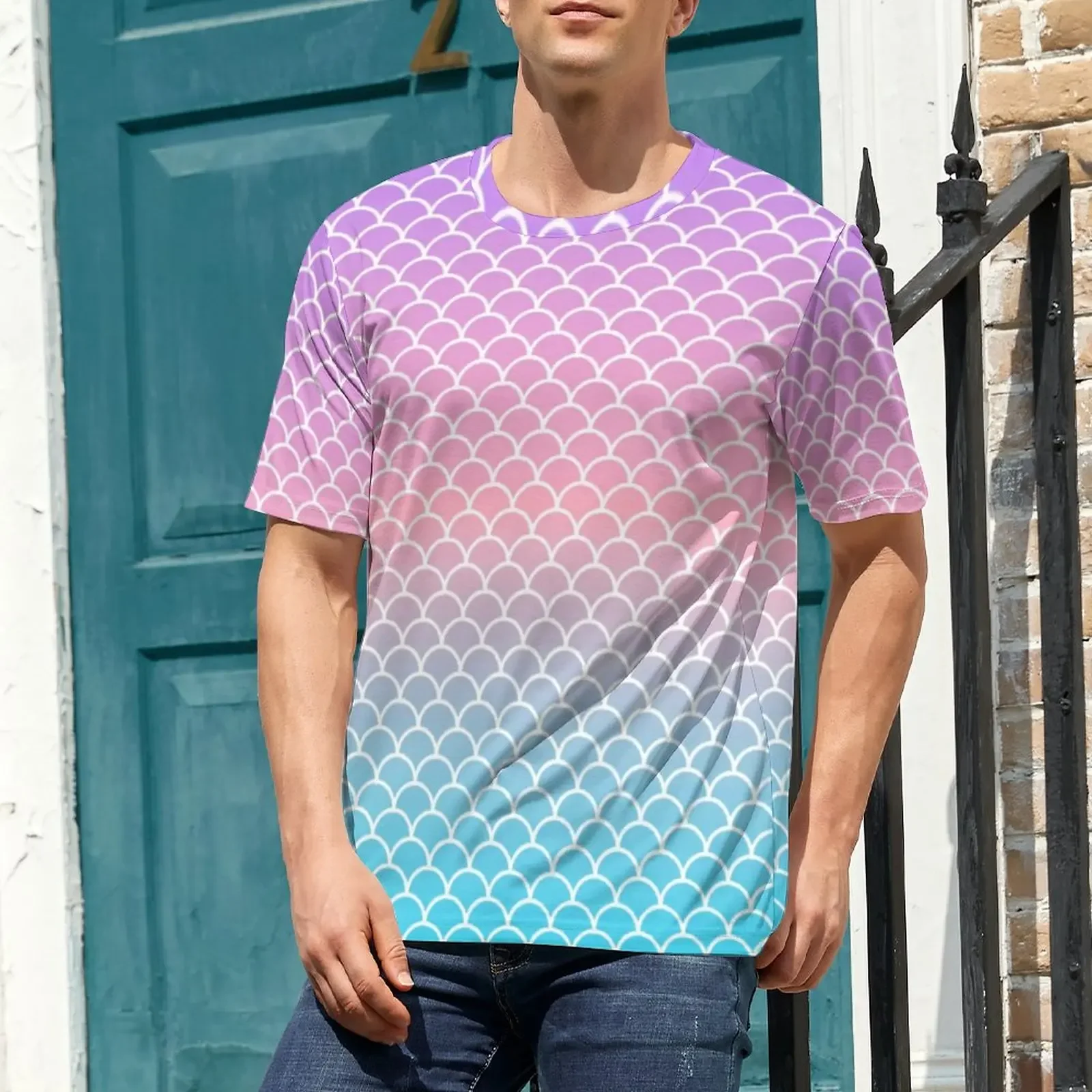 Ombre Sea Mermaid Scales T-Shirt Male Blue Purple Street Style T Shirts Summer Cool Tees Short-Sleeved Graphic Big Size Tops